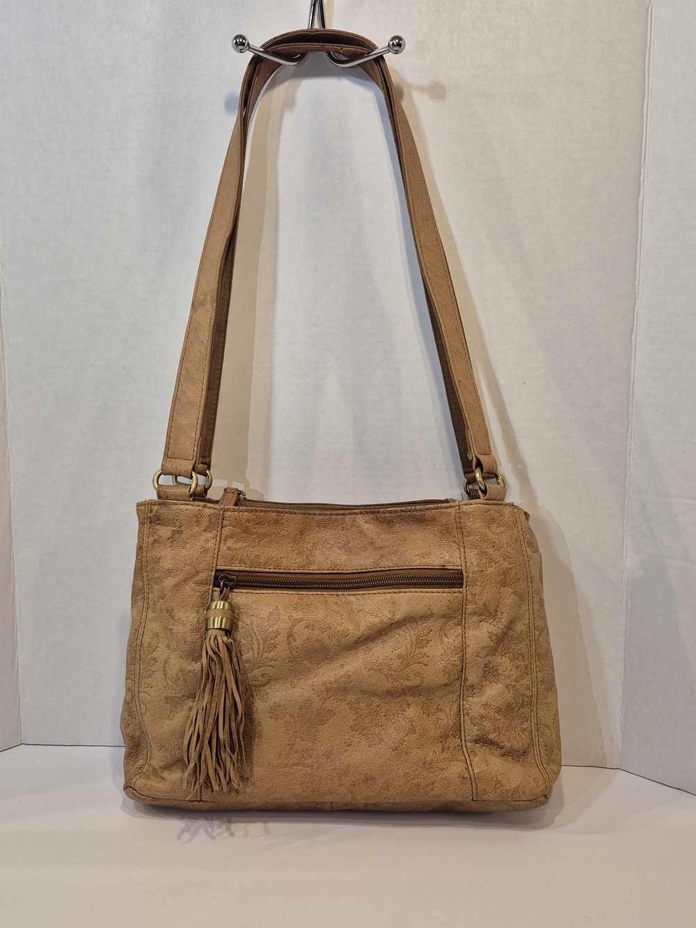 Cabin Creek Boho Shoulder Bag Tan Camel FauxLeather Floral Embossed Tassel Purse